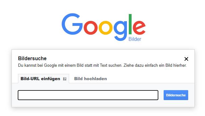 So sieht das Eingabefeld der Bildersuche von Google aus. Geben Sie die URL eines Bildes ein. Sie können die URL aus der Adresszeile des Browsers kopieren. Wenn Sie nicht wissen, wie das geht, dann laden Sie ein Bild hoch, wie in der nächsten Abbildung beschrieben.